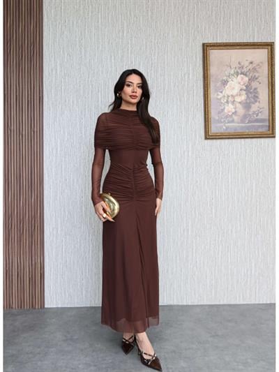 Boyun Bel Büzgülü Şifon Uzun Elbise