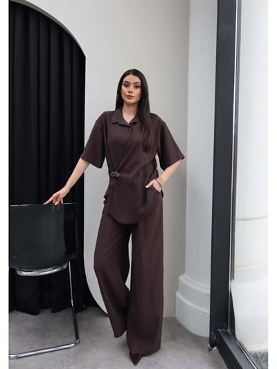 Broşlu Asimetrik Gömlek Pantolon Takım