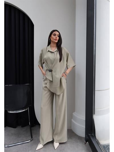 Broşlu Asimetrik Gömlek Pantolon Takım