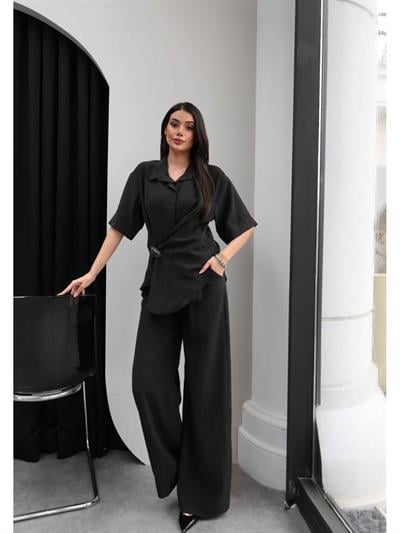 Broşlu Asimetrik Gömlek Pantolon Takım