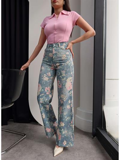 Çiçek Desen Yüksek Bel Wide Leg Jean