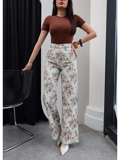 Çiçek Desen Yüksek Bel Wide Leg Jean