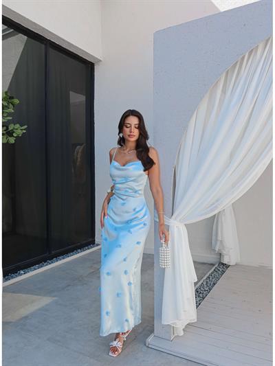 Çiçek Detaylı Saten Elbise