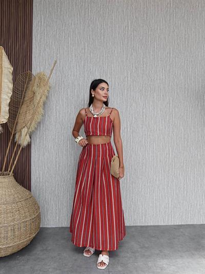 Çizgili Crop Etek Takım