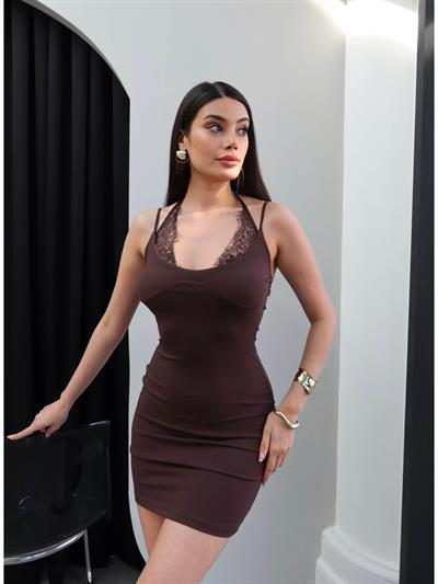 Dantel Boyun Bağlamalı Mini Elbise