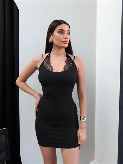 Dantel Boyun Bağlamalı Mini Elbise