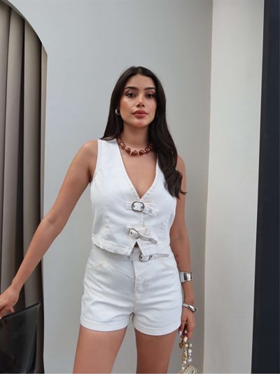 Denim Çift Kemerli Yelek Şort Takım