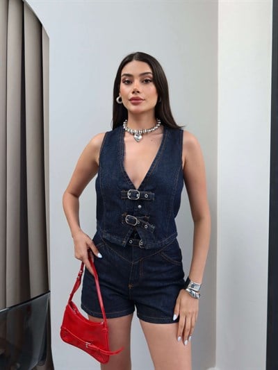 Denim Çift Kemerli Yelek Şort Takım