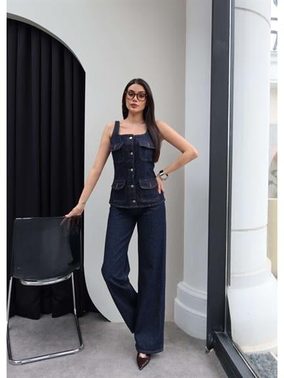 Denim Kare Yaka Yelek Takım