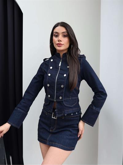 Denim Kemerli Ceket Şort Etek Takım