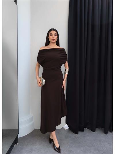 Drapeli Degaje Yaka Asimetrik Elbise