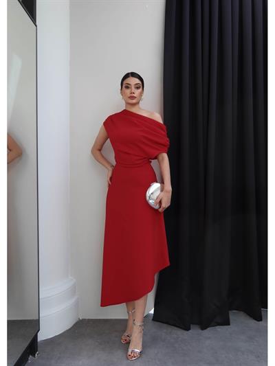 Drapeli Degaje Yaka Asimetrik Elbise