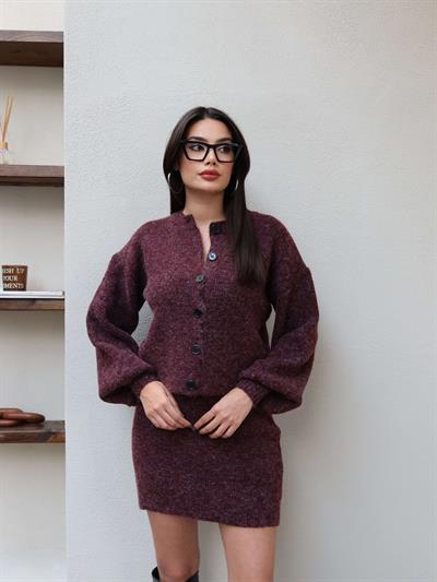 Düğmeli Fitil Desen Etekli Triko Takım