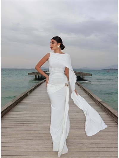EH Collection Pelerin Detaylı Drapeli Uzun Elbise