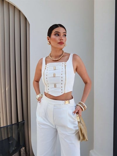 Gold Aksesuarlı Bluz Pantolon Takım