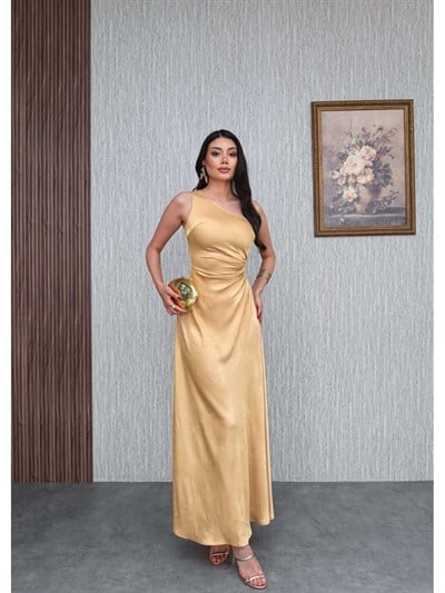 Gold Desenli Tek Kol Elbise