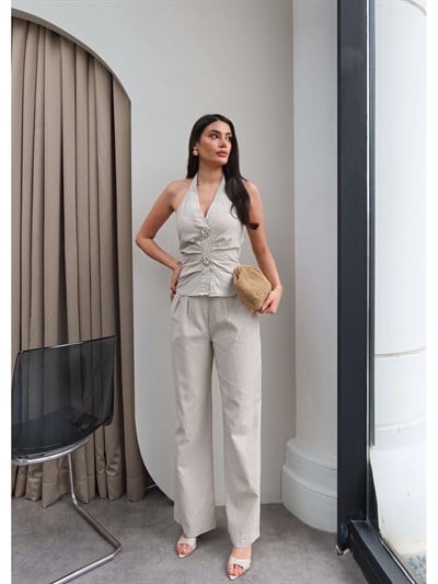 Halter Yaka Gold Aksesuarlı İkili Takım