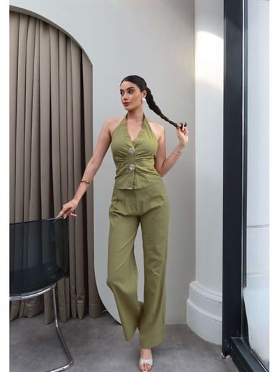 Halter Yaka Gold Aksesuarlı İkili Takım
