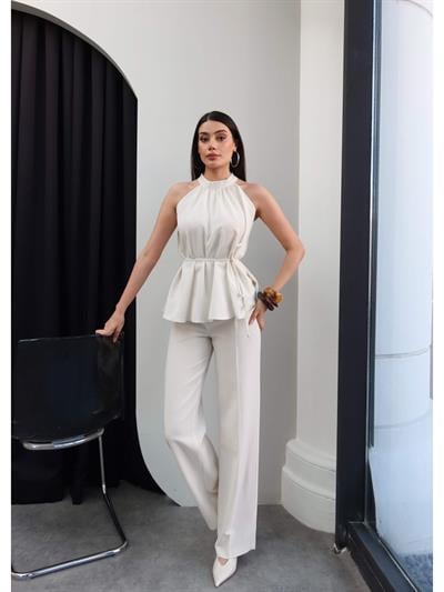 Halter Yaka Kuşaklı Bluz Pantolon Takım