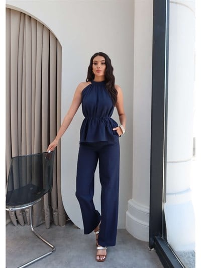 Halter Yaka Kuşaklı Bluz Pantolon Takım