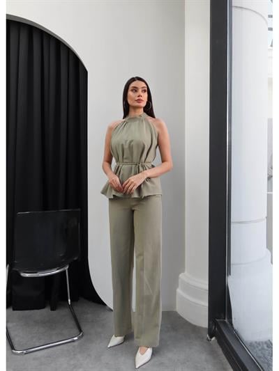 Halter Yaka Kuşaklı Bluz Pantolon Takım