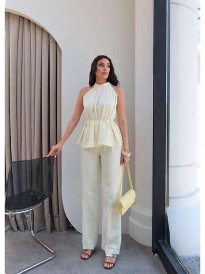 Halter Yaka Kuşaklı Bluz Pantolon Takım