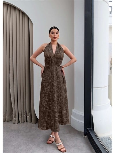 Halter Yaka Kuşaklı Midi Elbise