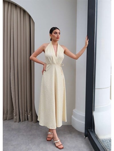 Halter Yaka Kuşaklı Midi Elbise