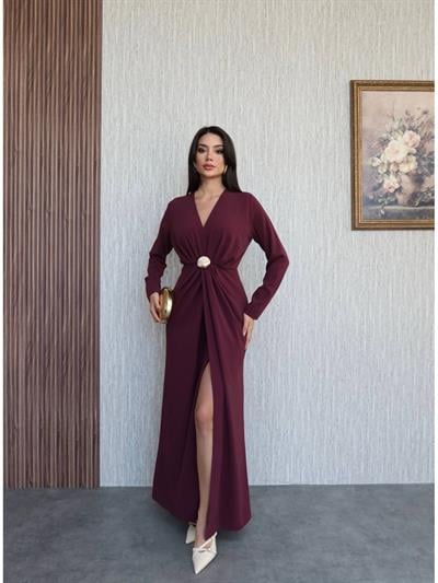 İstiridye Aksesuarlı Uzun Kol Elbise