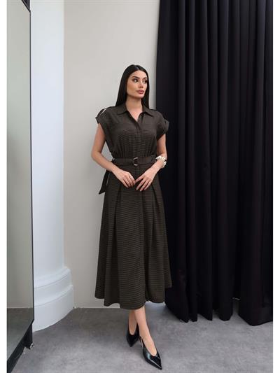 Kemerli Ekoseli Uzun Gömlek Elbise