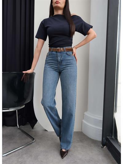 Kemerli Yüksek Bel Straight Jean