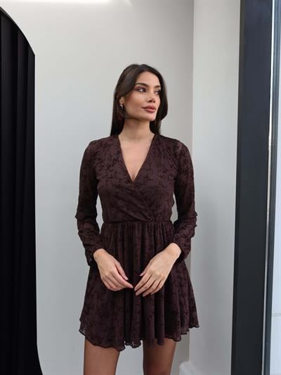 Kruvaze Yaka Çiçek Desen Tül Elbise