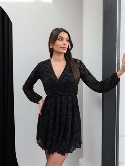 Kruvaze Yaka Çiçek Desen Tül Elbise