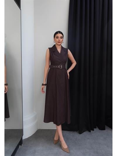 Kruvaze Yaka Kemerli Denim Elbise