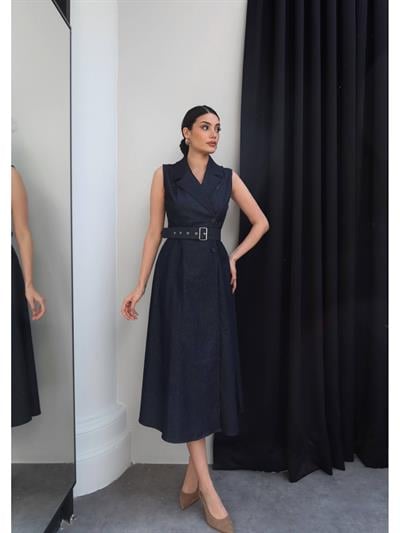 Kruvaze Yaka Kemerli Denim Elbise