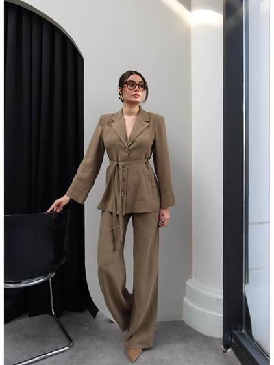 Kuşaklı Blazer Ceket Pantolon Takım