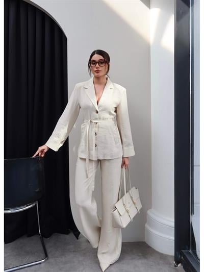 Kuşaklı Blazer Ceket Pantolon Takım