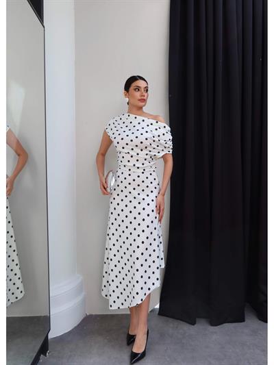 Puantiyeli Drapeli Degaje Yaka Asimetrik Elbise