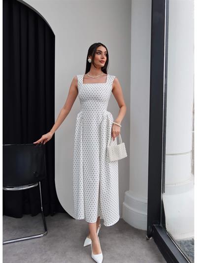 Puantiyeli Kalın Askılı Midi Elbise