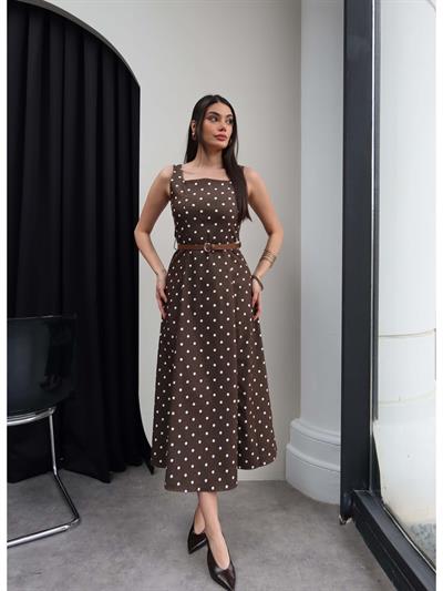 Puantiyeli Kare Yaka Kemerli Midi Elbise