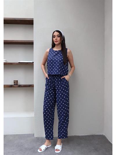 Puantiyeli Sıfır Kol Rahat Bluz Takım
