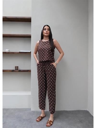 Puantiyeli Sıfır Kol Rahat Bluz Takım