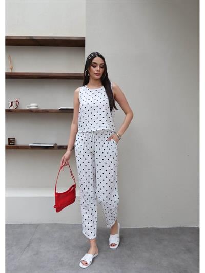 Puantiyeli Sıfır Kol Rahat Bluz Takım