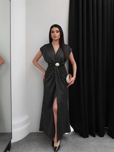 Puantiyeli Toka Detay Yırtmaçlı Elbise