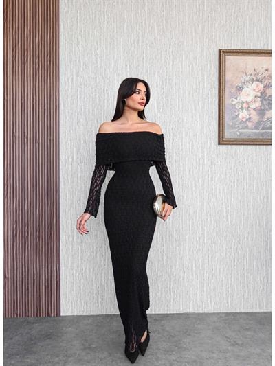 Şal Yaka Güpür Desenli Uzun Elbise