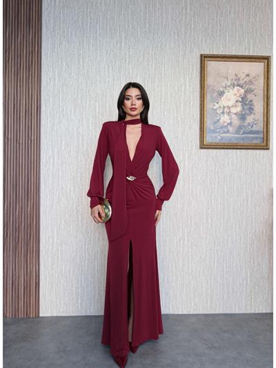 Şal Yaka Ön Düğüm Tokalı Uzun Elbise