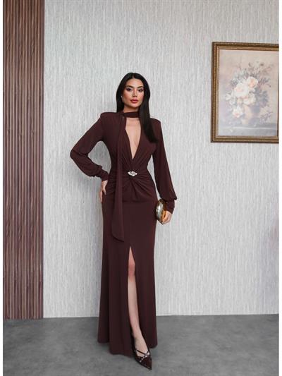 Şal Yaka Ön Düğüm Tokalı Uzun Elbise