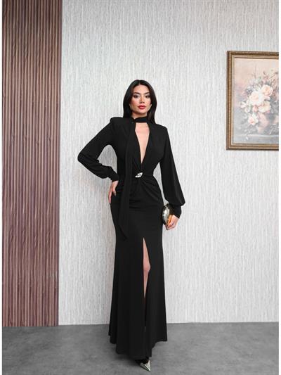 Şal Yaka Ön Düğüm Tokalı Uzun Elbise