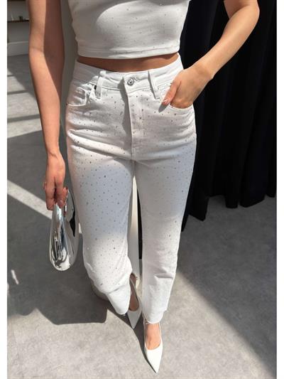 Taşlı Beyaz Paça Kesik Orj Jean