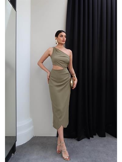 Tek Omuz Dekolteli Midi Elbise
